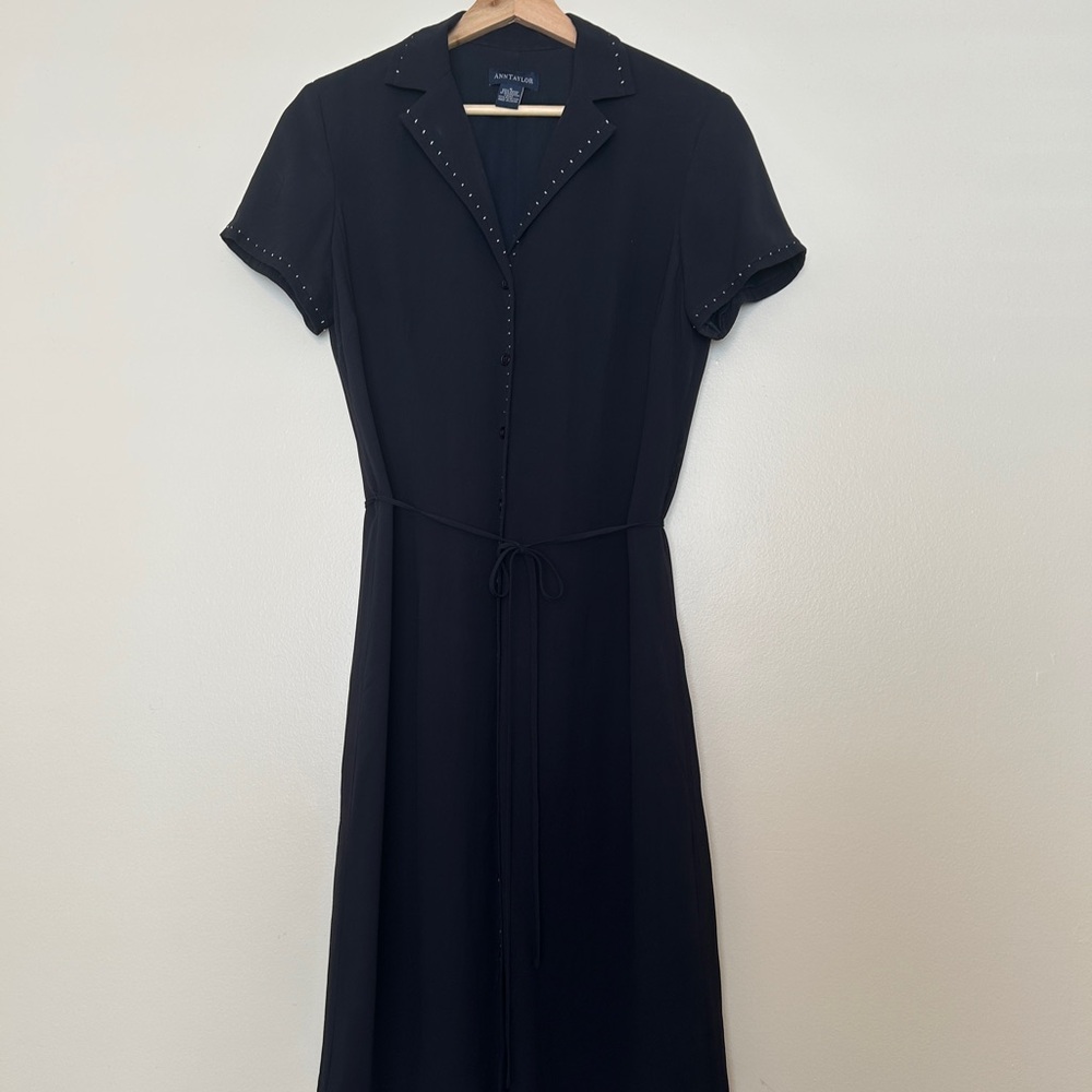 Ann Taylor Black Midi Shirt Dress with Stud Trim